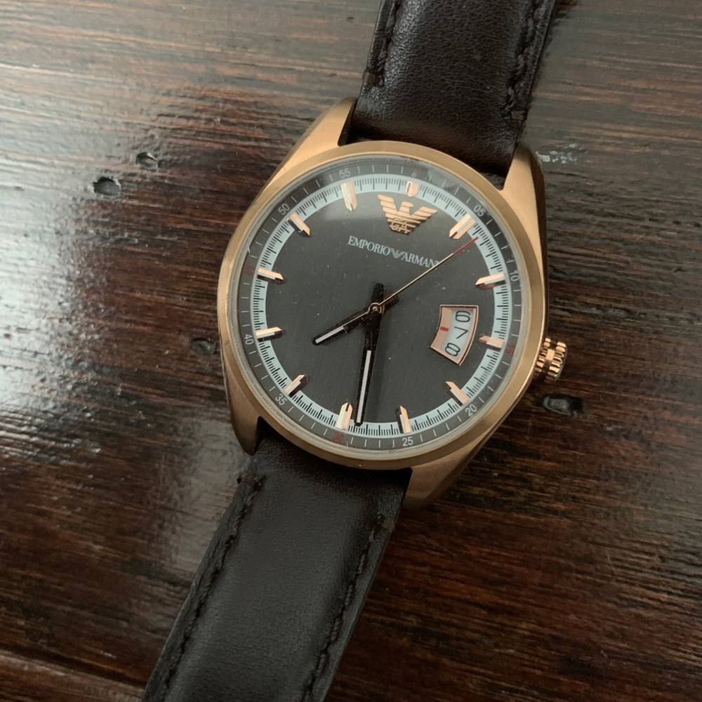 Emporia Armani brown leather rose gold watch